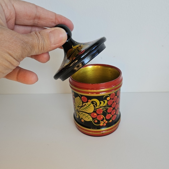 Russian Lacquered Wood Box Jar Lid Hand Painted Khokhloma Canister Folk Art - Picture 4 of 8